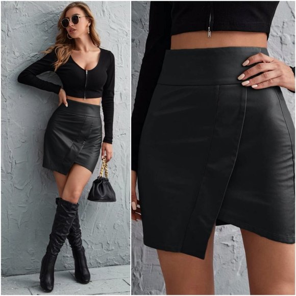 Camel Asym Wide waist vegan leather mini skirt - Picture 3 of 14